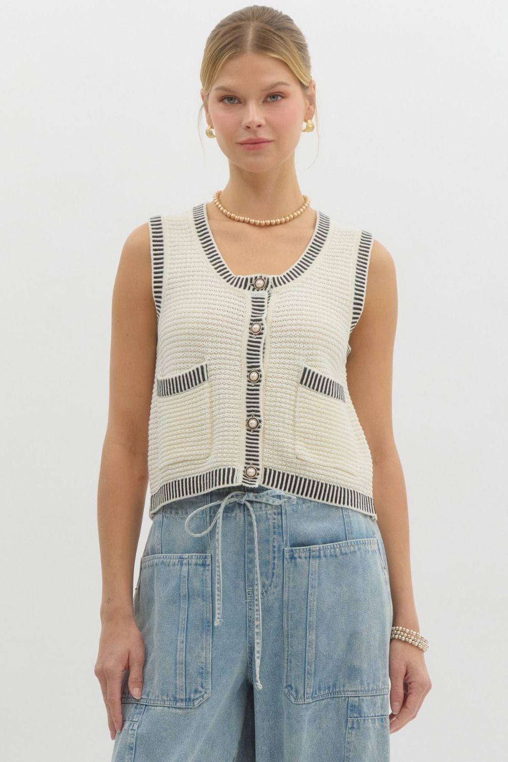 Cream and Navy Sleeveless Vest